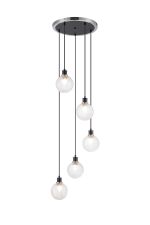 Jestero 48cm Round Pendant, 5 Light E14 With 15cm Round Textured Diamond Pattern Glass Shade, Satin Nickel, Clear & Satin Black