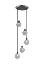 Jestero 48cm Round Pendant, 5 Light E14 With 15cm Round Double Textured Smooth / Ribbed Glass Shade, Satin Nickel, Smoke Plated & Satin Black