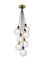 Jestero 45cm Round Cluster Pendant, 7 Light E14 With 15cm Round Crackled Glass Shade, Brass, Clear & Satin Black