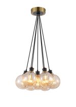 Jestero 45cm Round Cluster Pendant, 7 Light E14 With 15cm Round Segment Glass Shade, Brass, Amber Plated & Satin Black