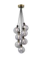Jestero 45cm Round Cluster Pendant, 7 Light E14 With 15cm Round Double Textured Smooth/Ribbed Glass Shade, Brass, Smoke Plated & Satin Black