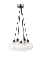 Jestero 45cm Round Cluster Pendant, 7 Light E14 With 15cm Round Crackled Glass Shade, Satin Nickel, Clear & Satin Black