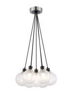 Jestero 45cm Round Cluster Pendant, 7 Light E14 With 15cm Round Dimpled Glass Shade, Satin Nickel, Clear & Satin Black