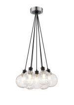 Jestero 45cm Round Cluster Pendant, 7 Light E14 With 15cm Round Textured Melting Glass Shade, Satin Nickel, Clear & Satin Black