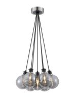 Jestero 45cm Round Cluster Pendant, 7 Light E14 With 15cm Round Double Textured Smooth/Ribbed Glass Shade, Satin Nickel, Smoke Plated & Black