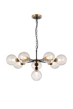 Jestero 84cm Pendant, 8 Light E14 With 15cm Round Crackled Glass Shade, Brass, Clear & Satin Black