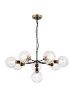 Jestero 84cm Pendant, 8 Light E14 With 15cm Round Segment Glass Shade, Brass, Clear & Satin Black