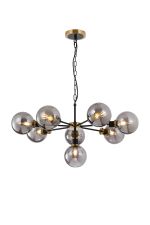Jestero 84cm Pendant, 8 Light E14 With 15cm Round Glass Shade, Brass, Smoke Plated & Satin Black