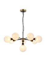 Jestero 84cm Pendant, 8 Light E14 With 15cm Round Speckled Glass Shade, Brass, White & Satin Black