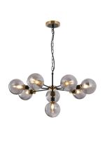 Jestero 84cm Pendant, 8 Light E14 With 15cm Round Double Textured Smooth / Ribbed Glass Shade, Brass, Smoke Plated & Satin Black