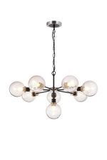 Jestero 84cm Pendant, 8 Light E14 With 15cm Round Crackled Glass Shade, Satin Nickel, Clear & Satin Black