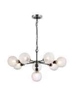 Jestero 84cm Pendant, 8 Light E14 With 15cm Round Textured Crumple Glass Shade, Satin Nickel, Clear & Satin Black
