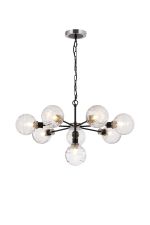 Jestero 84cm Pendant, 8 Light E14 With 15cm Round Textured Melting Glass Shade, Satin Nickel, Clear & Satin Black