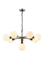 Jestero 84cm Pendant, 8 Light E14 With 15cm Round Glass Shade, Satin Nickel, Opal & Satin Black