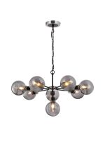 Jestero 84cm Pendant, 8 Light E14 With 15cm Round Double Textured Smooth / Ribbed Glass Shade, Satin Nickel, Smoke Plated & Satin Black