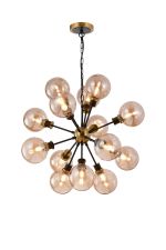 Jestero 78cm Pendant, 14 Light E14 With 15cm Round Glass Shade, Brass, Amber Plated & Satin Black