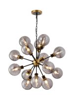 Jestero 78cm Pendant, 14 Light E14 With 15cm Round Double Textured Smooth / Ribbed Glass Shade, Brass, Smoke Plated & Satin Black