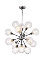 Jestero 78cm Pendant, 14 Light E14 With 15cm Round Crackled Glass Shade, Satin Nickel, Clear & Satin Black