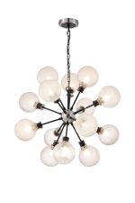 Jestero 78cm Pendant, 14 Light E14 With 15cm Round Textured Diamond Pattern Glass Shade, Satin Nickel, Clear & Satin Black