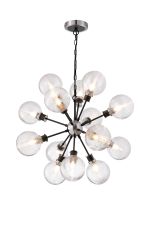 Jestero 78cm Pendant, 14 Light E14 With 15cm Round Ribbed Glass Shade, Satin Nickel, Clear & Satin Black