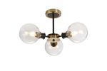 Jestero 53cm Semi Ceiling, 3 Light E14 With 15cm Round Crackled Glass Shade, Brass, Clear & Satin Black
