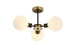Jestero 53cm Semi Ceiling, 3 Light E14 With 15cm Round Glass Shade, Brass, Opal & Satin Black