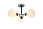 Jestero 53cm Semi Ceiling, 3 Light E14 With 15cm Round White & Grey Marble Effect Glass Shade, Satin Nickel & Satin Black Framework
