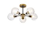Jestero 52cm Semi Ceiling, 5 Light E14 With 15cm Round Crackled Glass Shade, Brass, Clear & Satin Black