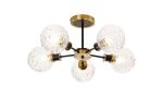 Jestero 52cm Semi Ceiling, 5 Light E14 With 15cm Round Textured Crumple Glass Shade, Brass, Clear & Satin Black