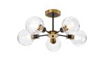 Jestero 52cm Semi Ceiling, 5 Light E14 With 15cm Round Textured Melting Glass Shade, Brass, Clear & Satin Black