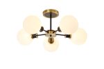 Jestero 52cm Semi Ceiling, 5 Light E14 With 15cm Round Glass Shade, Brass, Opal & Satin Black