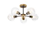 Jestero 52cm Semi Ceiling, 5 Light E14 With 15cm Round Segment Glass Shade, Brass, Clear & Satin Black