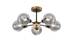 Jestero 52cm Semi Ceiling, 5 Light E14 With 15cm Round Double Textured Smooth / Ribbed Glass Shade, Brass, Smoke Plated & Satin Black