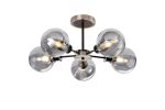 Jestero 52cm Semi Ceiling, 5 Light E14 With 15cm Round Double Textured Smooth / Ribbed Glass Shade, Satin Nickel, Smoke Plated & Satin Black