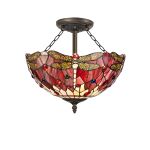 Girolamo 41cm 3 Light Semi Flush E27 With 40cm Tiffany Shade, Purple/Pink/Crystal/Aged Antique Brass