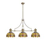 Girolamo 3 Light Linear Pendant E27 With 30cm Tiffany Shade, Antique Brass, Blue, Orange, Crystal