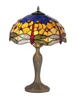 Girolamo 2 Light Curved Table Lamp E27 With 40cm Tiffany Shade, Blue/Orange/Crystal/Aged Antique Brass