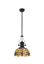 Girolamo 1 Light Pendant E27 With 30cm Tiffany Shade, Matt Black/Blue/Orange/Crystal