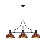Girolamo 3 Light Linear Pendant E27 With 30cm Tiffany Shade, Matt Black, Purple, Pink, Crystal