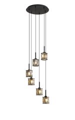Fonte 40cm 6 Light G9 2.5m Round Multiple Pendant Satin Black / Smoke Crystal Shade