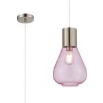 Odeyscene 23cm Narrow Pendant, 1 x E27, Satin Nickel/Pink Glass
