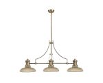 Peninaro 3 Light Linear Multi Height Pendant E27 With 30cm Round Glass Shade, Antique Brass, Amber