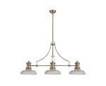 Peninaro 3 Light Linear Multi Height Pendant E27 With 30cm Round Glass Shade, Antique Brass, Clear