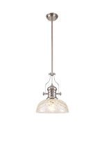 Peninaro Multi Height Pendant With 30cm Flat Round Patterned Shade, 1 x E27, Polished Nickel/Clear Glass