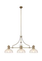 Peninaro Linear Multi Height Pendant With 30cm Flat Round Patterned Shade, 3 x E27, Antique Brass/Clear Glass
