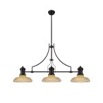 Peninaro 3 Light Linear Multi Height Pendant E27 With 30cm Round Glass Shade, Matt Black, Amber