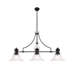 Peninaro 3 Light Linear Multi Height Pendant E27 With 30cm Bell Glass Shade, Matt Black, Clear