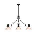 Peninaro 3 Light Linear Multi Height Pendant E27 With 30cm Cone Glass Shade, Matt Black, Clear