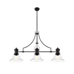 Peninaro 3 Light Linear Multi Height Pendant E27 With 30cm Smooth Bell Glass Shade, Matt Black, Clear