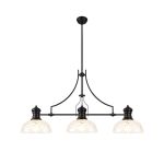 Peninaro Linear Multi Height Pendant With 30cm Flat Round Patterned Shade, 3 x E27, Matt Black/Clear Glass